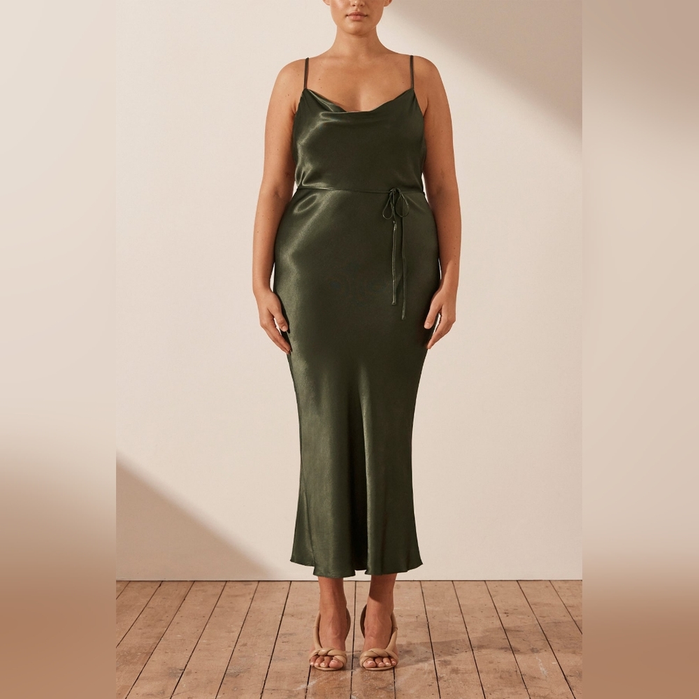 SHONA JOY LA LUNE BIAS COWL MIDI DRESS - OLIVE